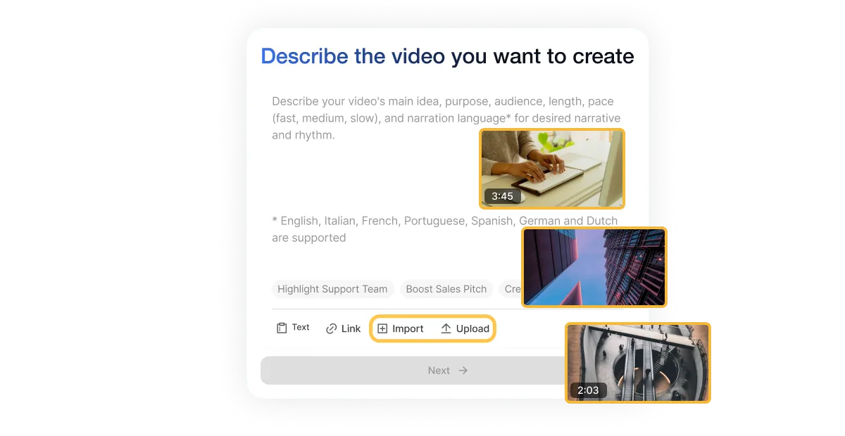 Video Montage Maker lets you upload clips or photos from your device or Visla Workspace to start your project.